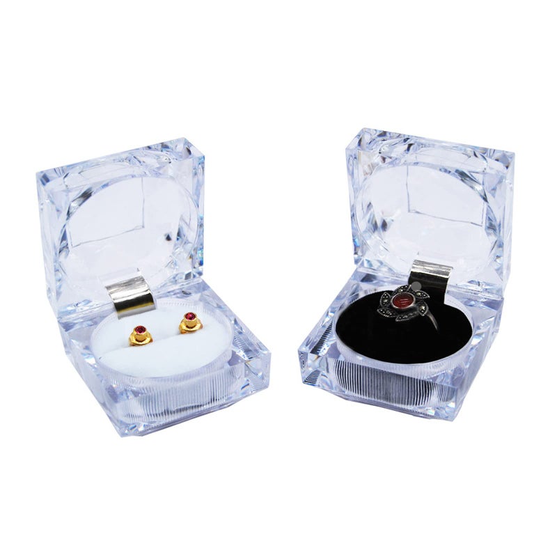 ELEpure Thickened 12 pcs Clear Crystal Ring Gift Boxes Earrings Jewelry Storage Box Acrylic Display Organizer Case for All Kinds of Ring Earrings Velvet Insert Black, 1.8" x 1.8" x 1.8" - Image 5